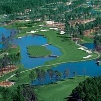 Aerial view of golf course with water hazards